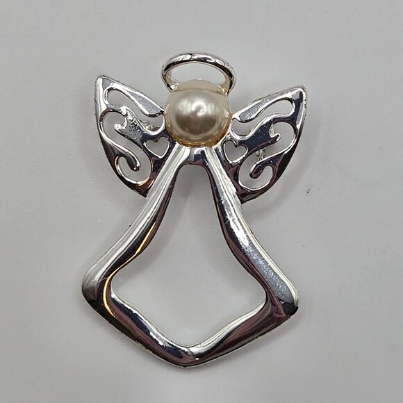 VTG Brooch 2PC Set Christmas Tree Star Prayer Angel Faux Pearl Silver Tone Pins - Picture 9 of 11